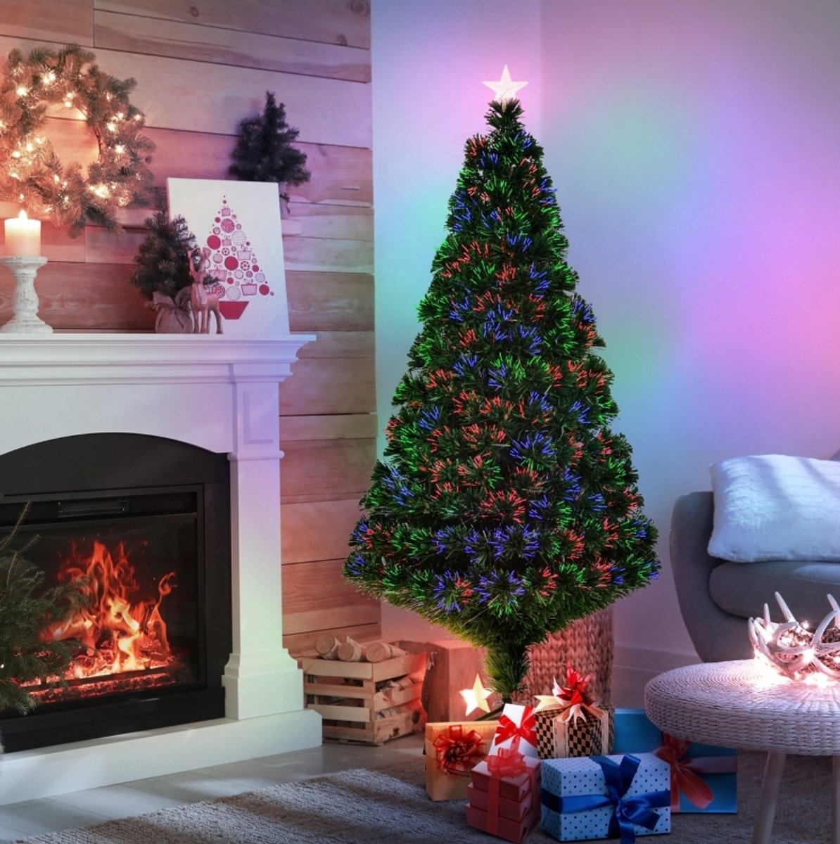 MODFU-Kunstkerstboom-LED-Verlichting-Glasvezel-Metalen Standaard-Indoor-Groen-150 Cm