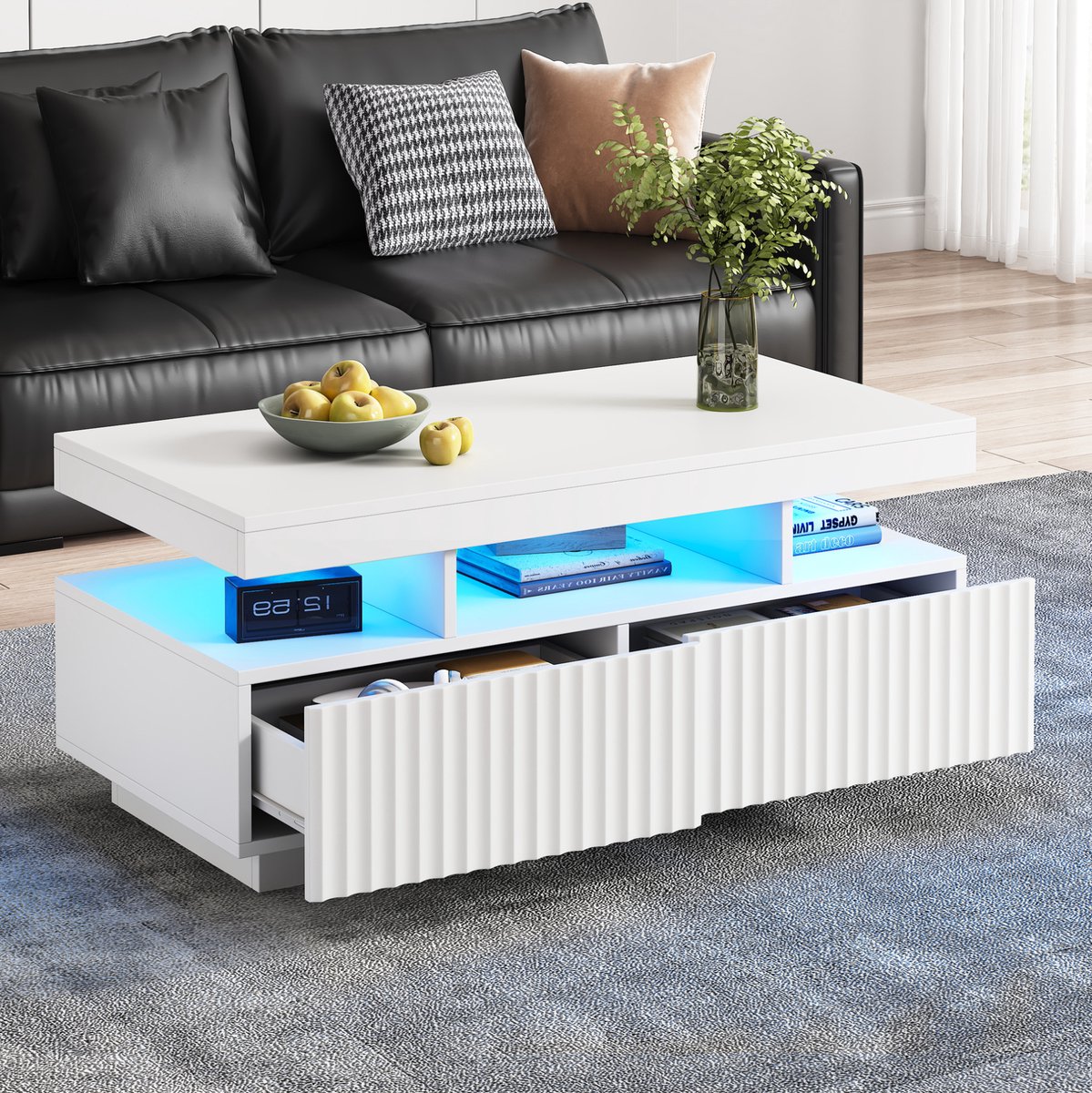 MODFU - Salontafel - 2 Lades En Open Vak - LED - Spaanplaat - Wit - 100 X 50 X 45 Cm