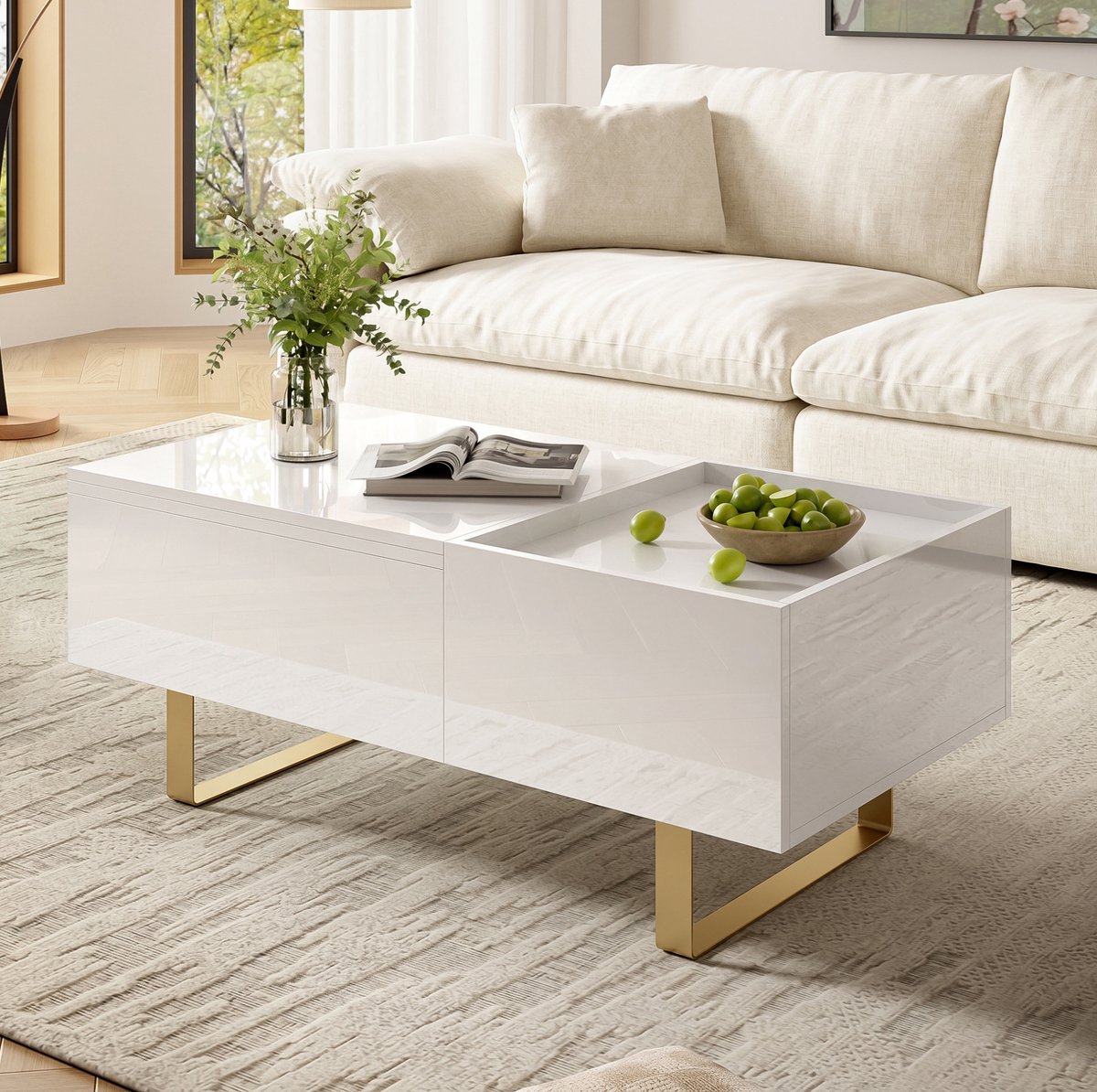 MODENUIT Salontafel - Hoogteverstelbaar Met Lade En Opbergruimte - Voor Woonkamer - MDF Wit - 100x50x54,5 Cm