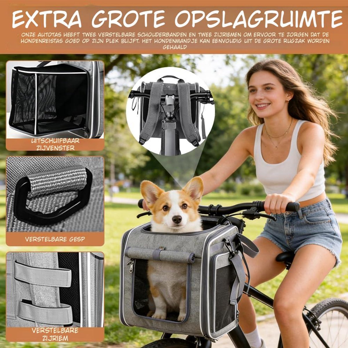 Kavo Fietsmand Hond – Hondenmand voor op de Fiets – Voorop - Grijs - 33cm x 11cm x 34cm