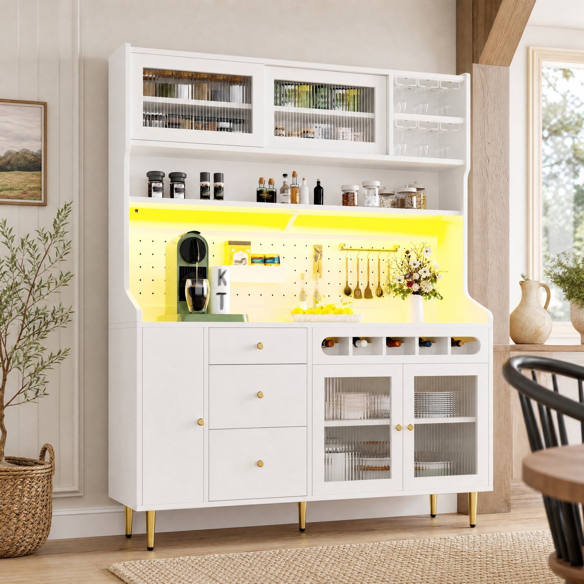 OKWISH Hoge Kast Met Led Verlichting - Met Verstelbare Planken En Wijnrek - Voor Keuken En Woonkamer - Glas En MDF Wit - 145x39x171 cm