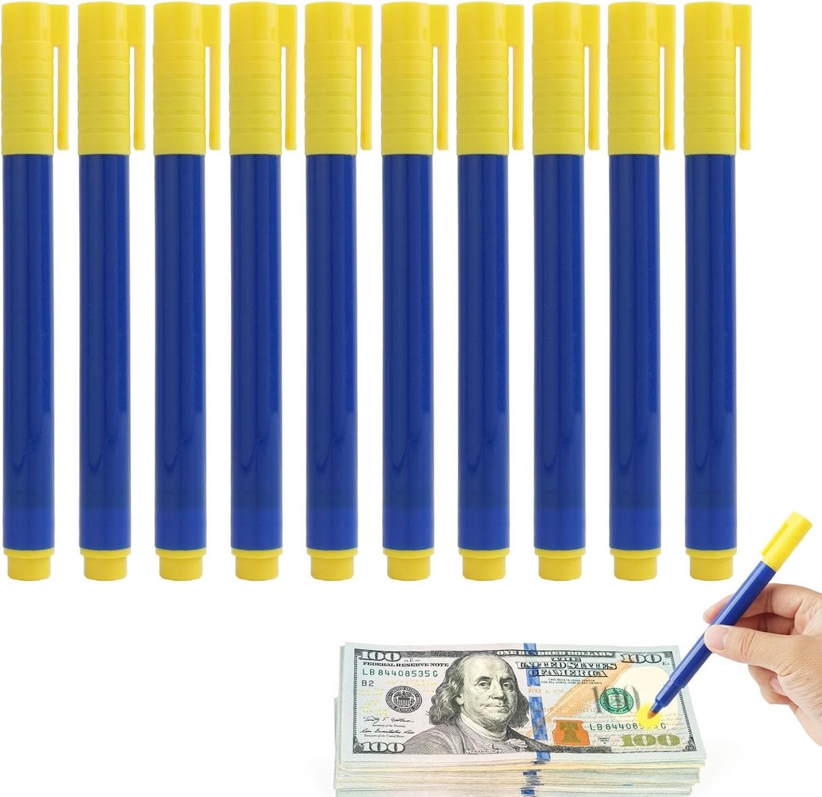 Set van 10 bankbiljettencontroleurs voor het opsporen van vervalsingen in euro's, dollars en ponden, ideaal voor bedrijven en snelle controle van bankbiljetten.