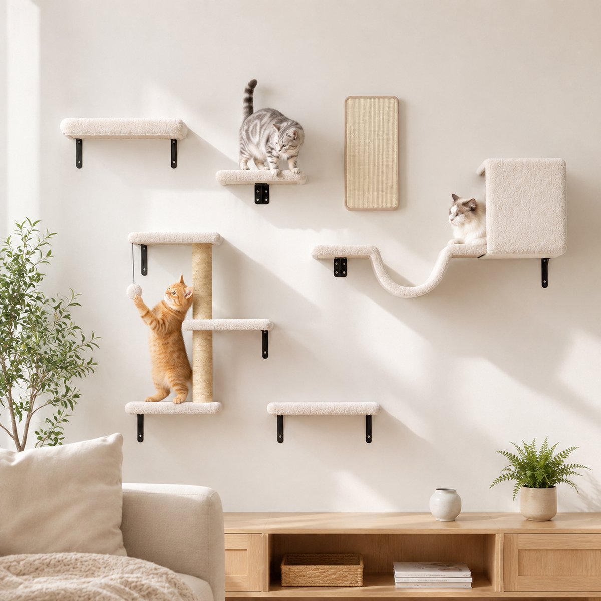 Wishdor Wandgemonteerde kattenklimset - Kattenmeubel met krabpaal en kattenbed - Ruimtebesparend en stevig - Voor klimmen en rusten - Hout en pluche - Beige
