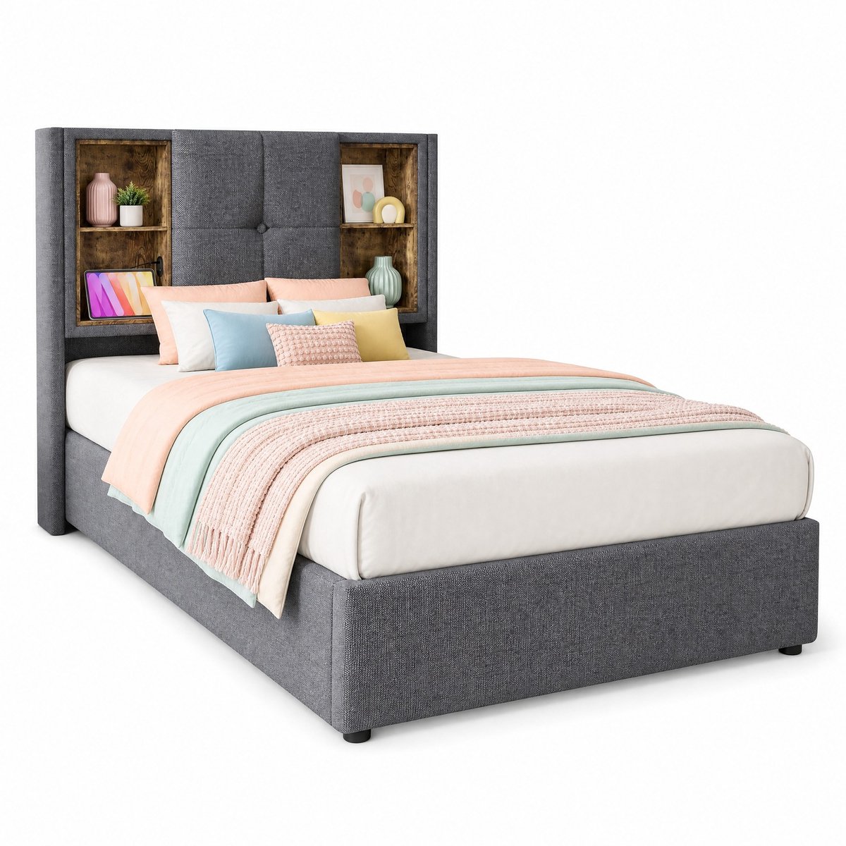 WUVRIE Normaal bed 90x200 cm met opbergruimte, draadloos laden en USB, grijs