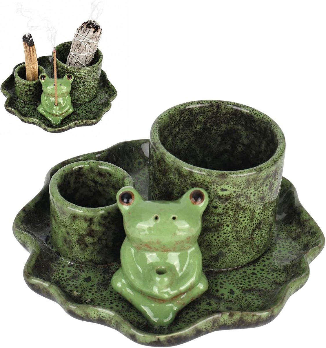 4-in-1 keramische wierookschaal met kikker op lotusblad voor yoga en meditatie, perfect voor salie, wierookstokjes en aromatherapie
