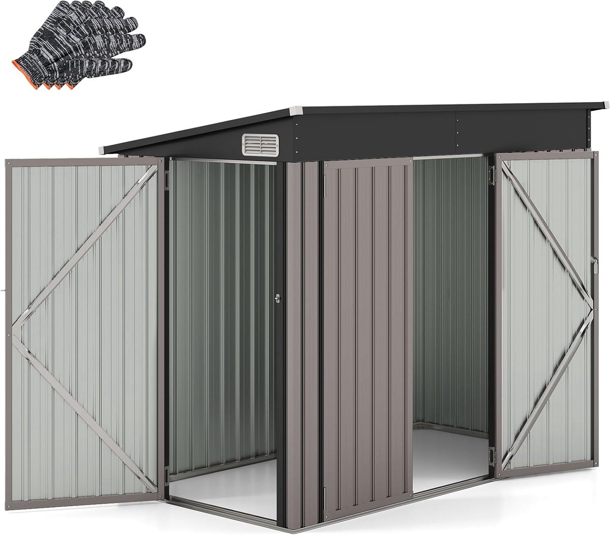 COSTWAY metalen tuinhuis, 235 x 117 x 185 cm, tuinschuur met voordeur, zijdeur en lessenaarsdak, afsluitbare tuinschuur, tuinhuisje, tuinschuur voor buiten (lichtbruin)