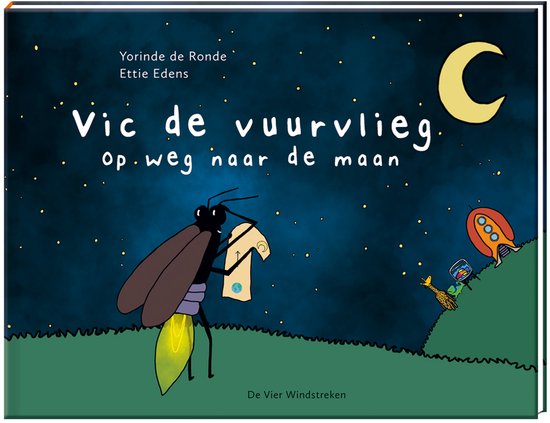 Boekcover: Vic de vuurvlieg houdt een kaart vast. Een maan en raket zijn zichtbaar.