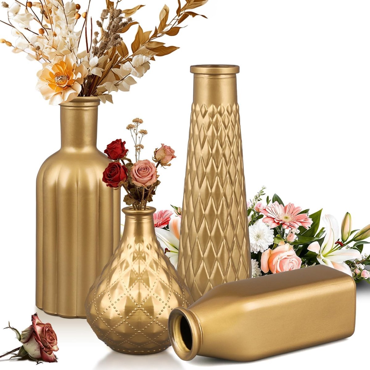 Set van 6 Gouden Vazen, Decoratieve Kleine Vazen voor Tafelversiering, Vintage Glazen Vazen voor Bloemen, Bruiloft en Verjaardag, Hoogte 22/20/16/13 cm