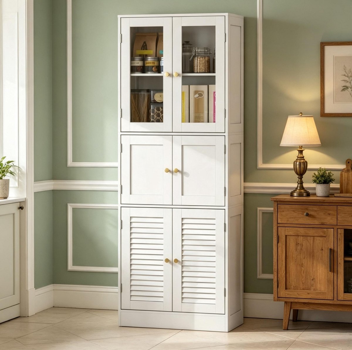 OKWISH Hoge Badkamerkast Met 6 Deuren - Wit MDF Met Glas, Paneel En Lameldeuren - Verstelbare Planken - 60 X 30 X 170 Cm