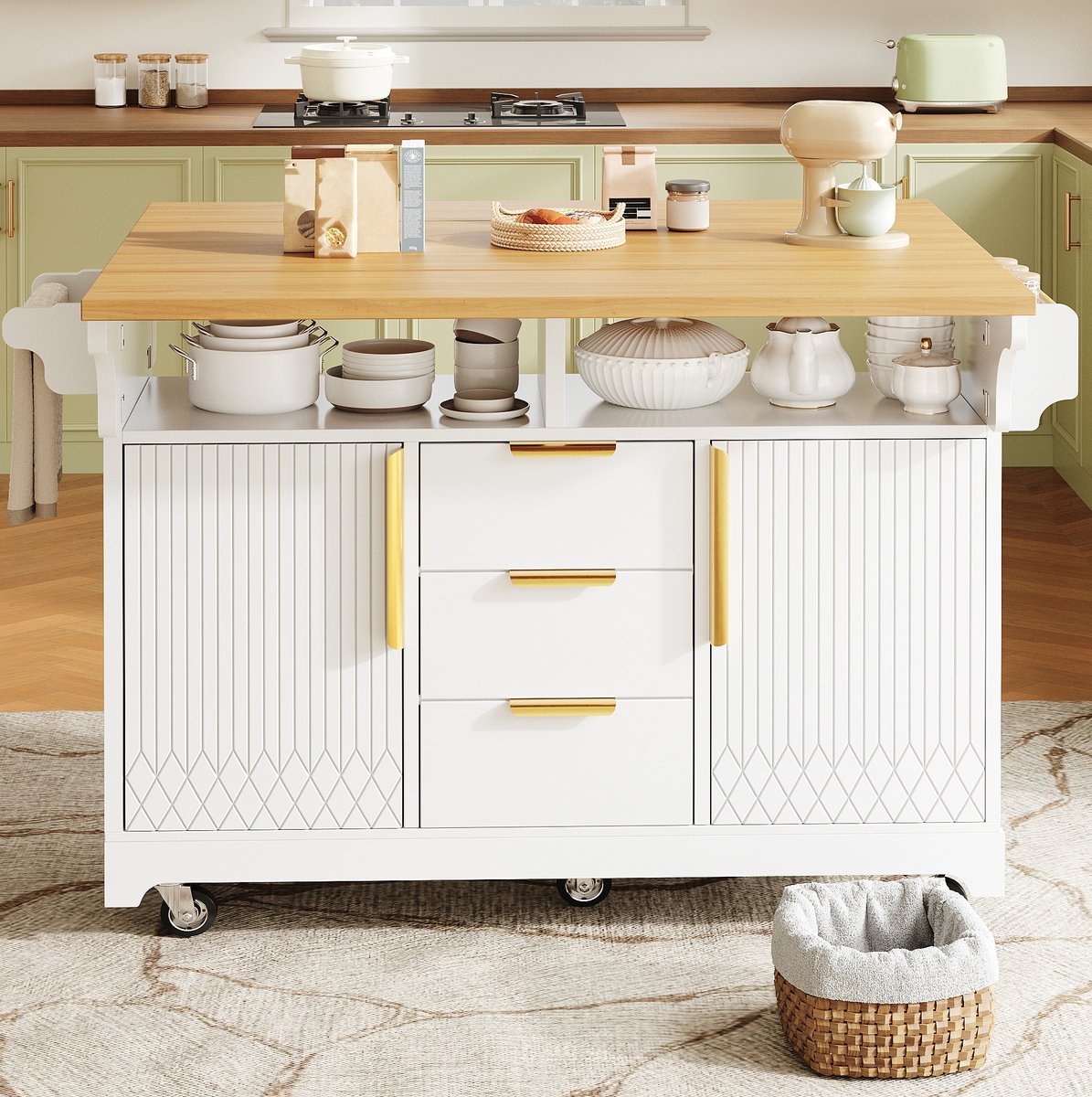 REDOM Keukeneiland - Uitklapbare verlengplaten - Op wielen - 3 lades en verstelbare planken - Retro stijl - Keuken en eetkamer - MDF - Wit - 120 x 40(80) x 95 cm