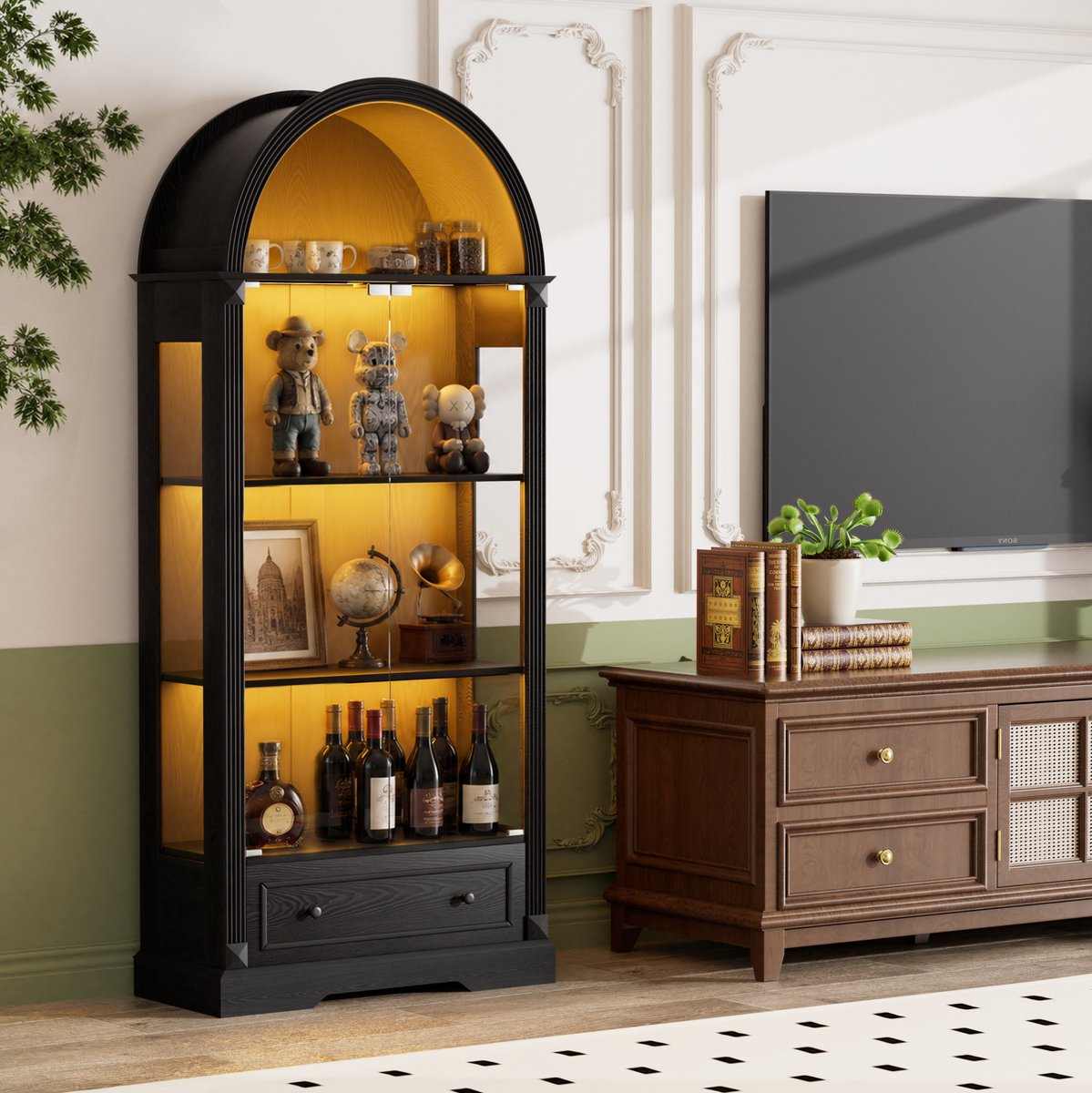 FloraGrace Vitrine – Boogvormig Design Met LED Verlichting En Lades – 80 X 35 X 180 Cm – MDF En Gehard Glas – Zwart – Woonkamer Keuken En Eetkamer
