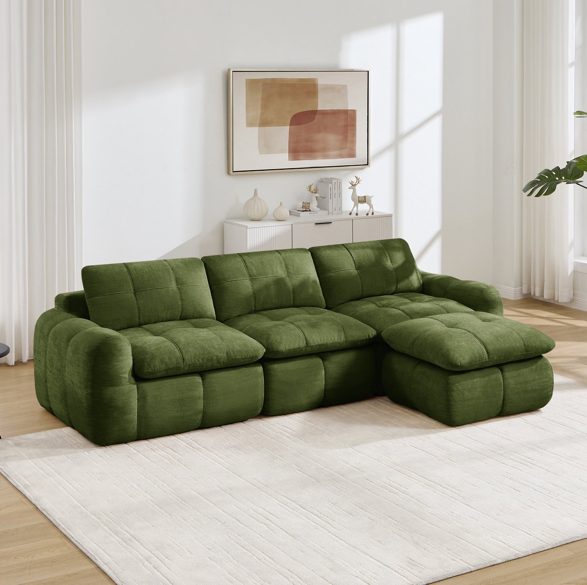 Wishdor Hoekbank - 3 zitplaatsen - L-vormig en frameloos modulair - Zachte chenille - Groen - Voor woonkamer en appartement - Met ottoman - 264 x 160 x 68 cm