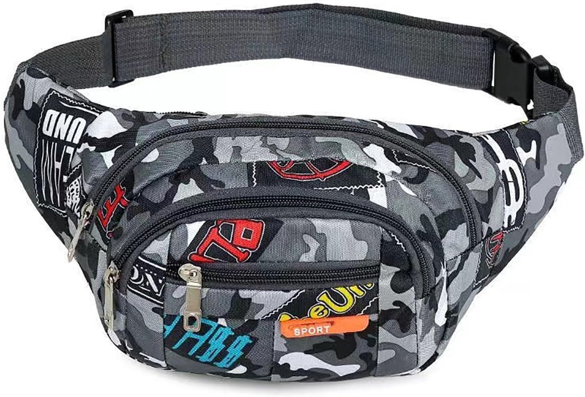 Camo Grijze Nylon Heuptas voor Mannen en Vrouwen - Ideaal voor Hardlopen, Wandelen en Reizen met Verstelbare Band en Compact Ontwerp van 17 x 35 cm