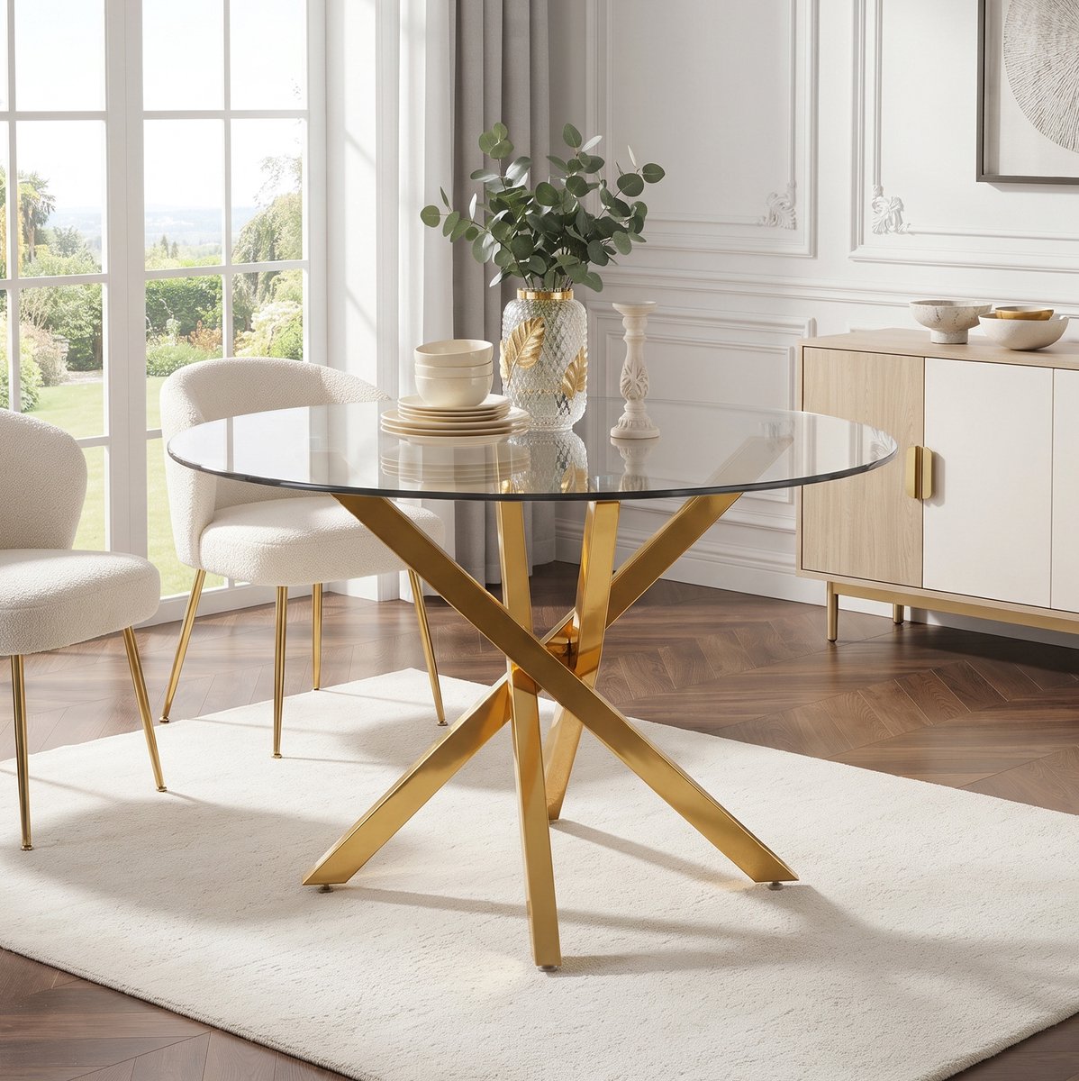 Wishdor Ronde eettafel - Gehard glas - Gouden metalen x-poot - Modern minimalistisch - Eetkamer keuken woonkamer - Glas goud - Ø 80 x 75 cm
