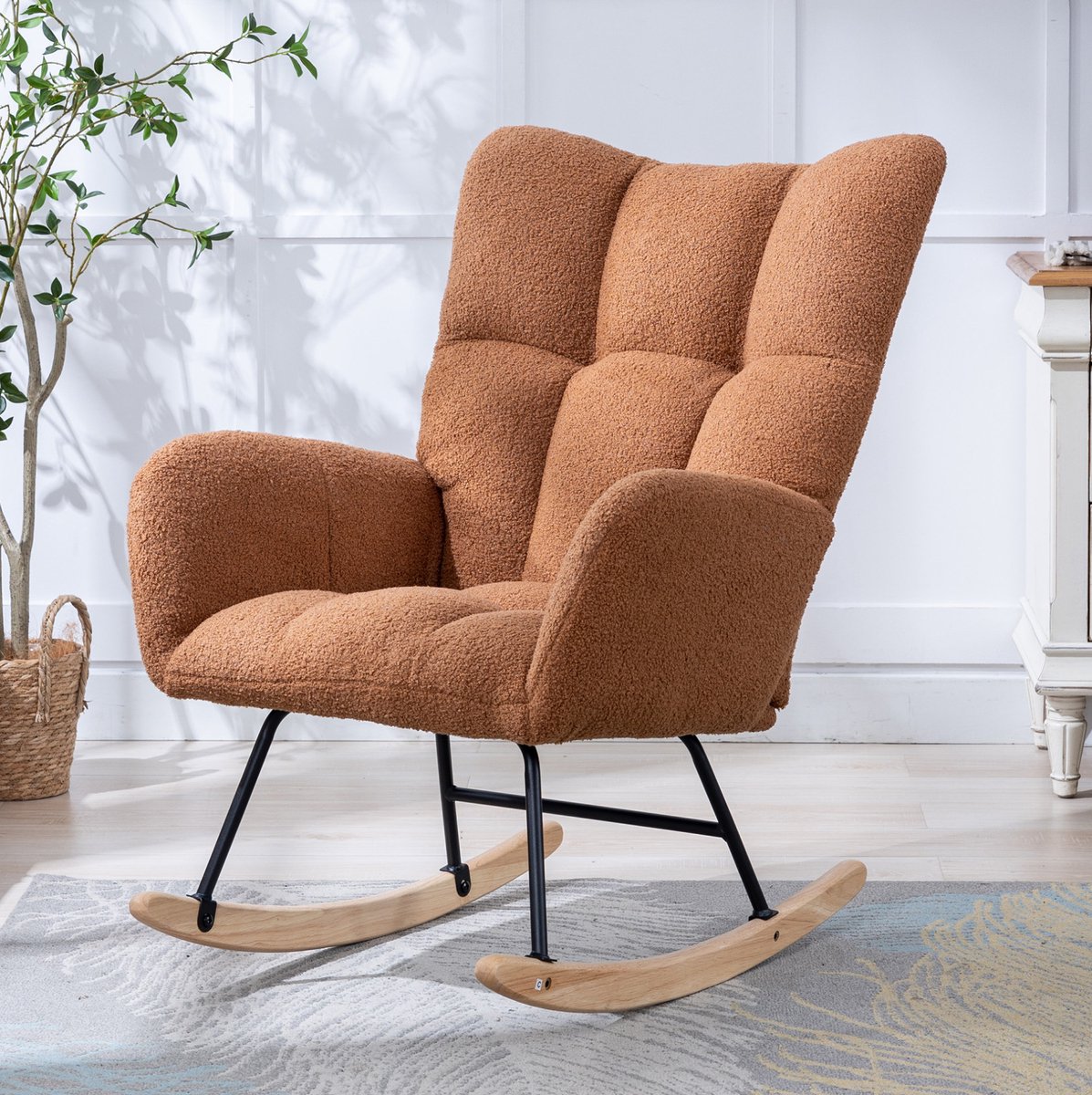 Wishdor Schommelstoel - Teddy stof - Ergonomisch met armleuningen en gewatteerde zitting - Retro vintage - Woonkamer slaapkamer kinderkamer - Hout - Bruin - 65 x 77 x 90 cm