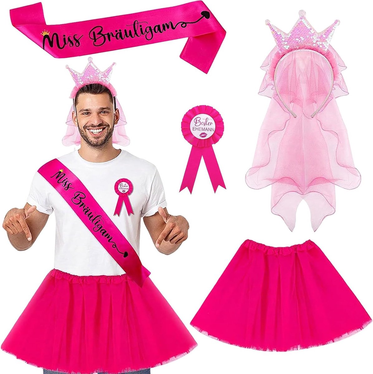 5-delig kostuumset voor mannen met roze tutu, sjerp, badge, kroon, hoofdband en liefdevolle brillen voor vrijgezellenfeesten en bruiloften