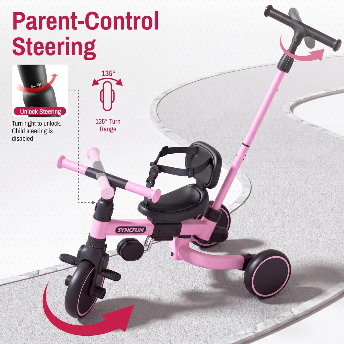 Multifunctionele 3-in-1 kinderdriewieler met duwstang voor 3-12 jaar, veilig en comfortabel kindervoertuig in roze, ideaal voor meisjes en buitenactiviteiten