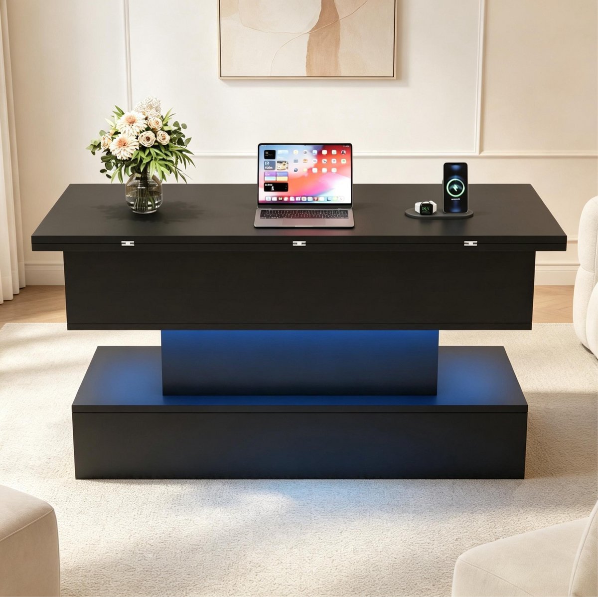 Wishdor Salontafel - Hoogteverstelbaar met led en opbergruimte - Voor woonkamer, bureau en eetkamer - Modern zwart houtlook met usb-c en usb-oplaadpoort - 100 x 50 x 51,5 cm