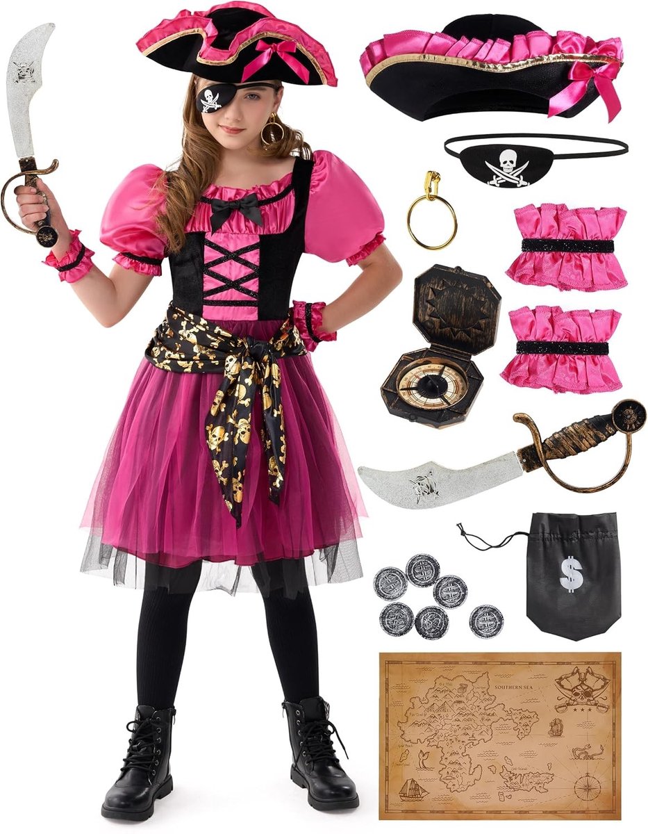 Halloween Piratenkostuum voor Meisjes - Magenta Piratenjurk voor Feestjes en Rollenspel - Perfect voor Kinderen van 3-4 Jaar