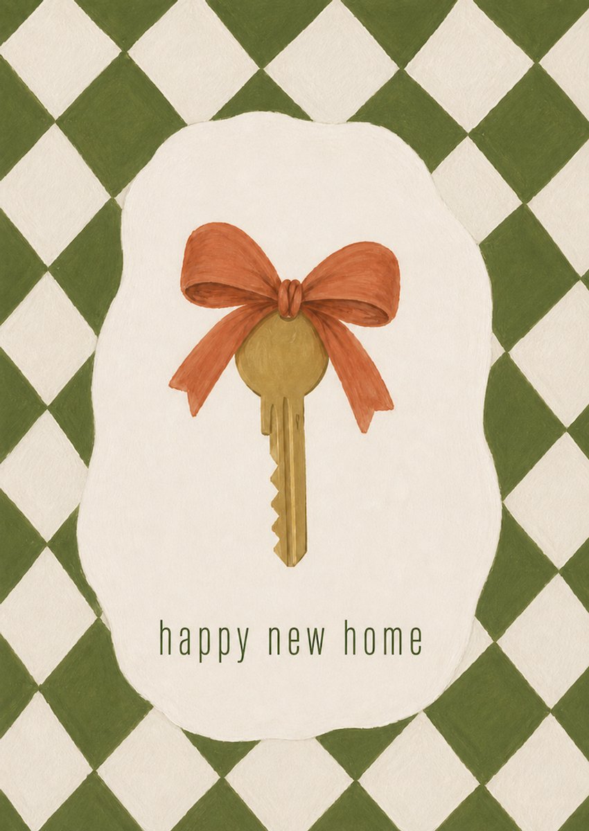 Happy New Home verhuiskaart met sleutel en strik – A6 wenskaart