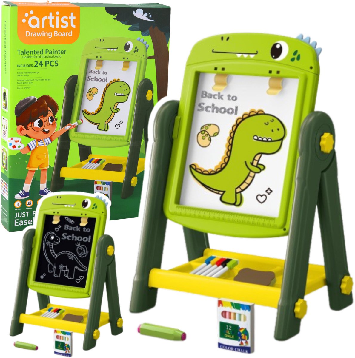 LeanToys – Dubbelzijdig Educatief Magnetisch Bord voor Kinderen – Dinosaur Groen – Krijtbord & Whiteboard – 360° Draaibaar – Inclusief Krijt, Markers, Spons & Magneten – Educatief Speelgoed – Schoolbord Kinderen + Gratis E-Book