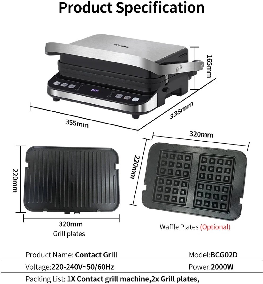 Grillapparaat - Digitaal Grillplaat - Grillpan - Tosti-ijzer - Optioneel wafelijzerplaten - Geschikt voor panini, barbecue etc. - Zwart
