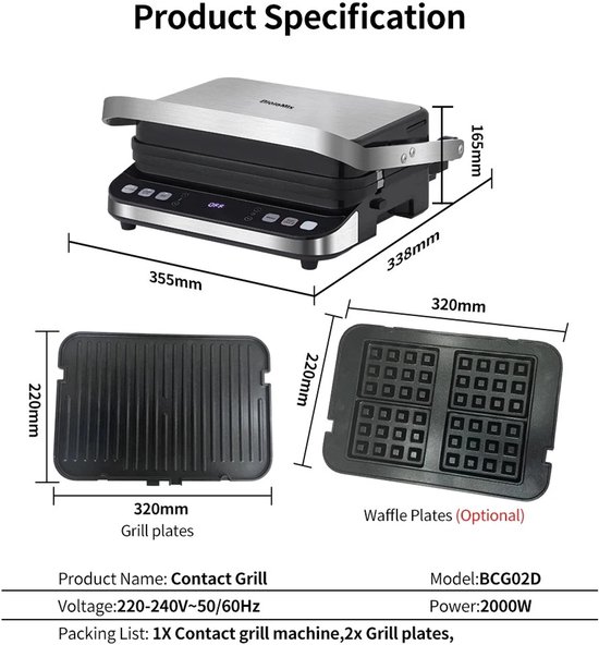 Grillapparaat - Digitaal Grillplaat - Grillpan - Tosti-ijzer - Optioneel wafelijzerplaten - Geschikt voor panini, barbecue etc. - Zwart — afbeelding 5