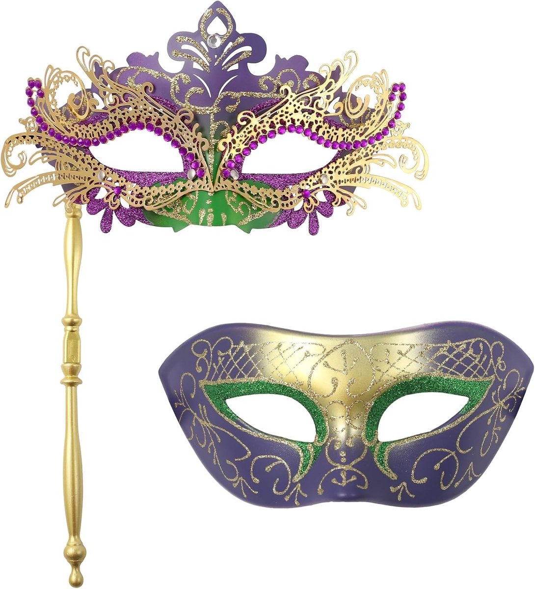 Venetiaans masker paar met staaf: 2 stuks Iers maskerade masker in goud, paars en groen voor Pasen, Halloween en carnaval, perfect voor bruiloften en feestjes met kostuums voor hem en haar