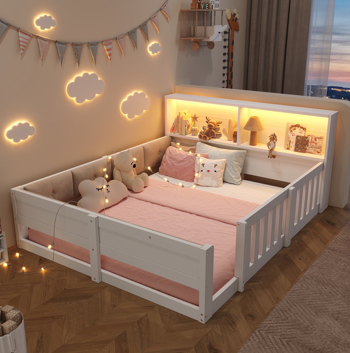Wishdor Kinderbed 140 x 200 cm - Met opbergruimte en ledverlichting - Zonder matras - Met uitvalbeveiliging en zachte bekleding - Minimalistisch - Voor kinderkamer - Wit
