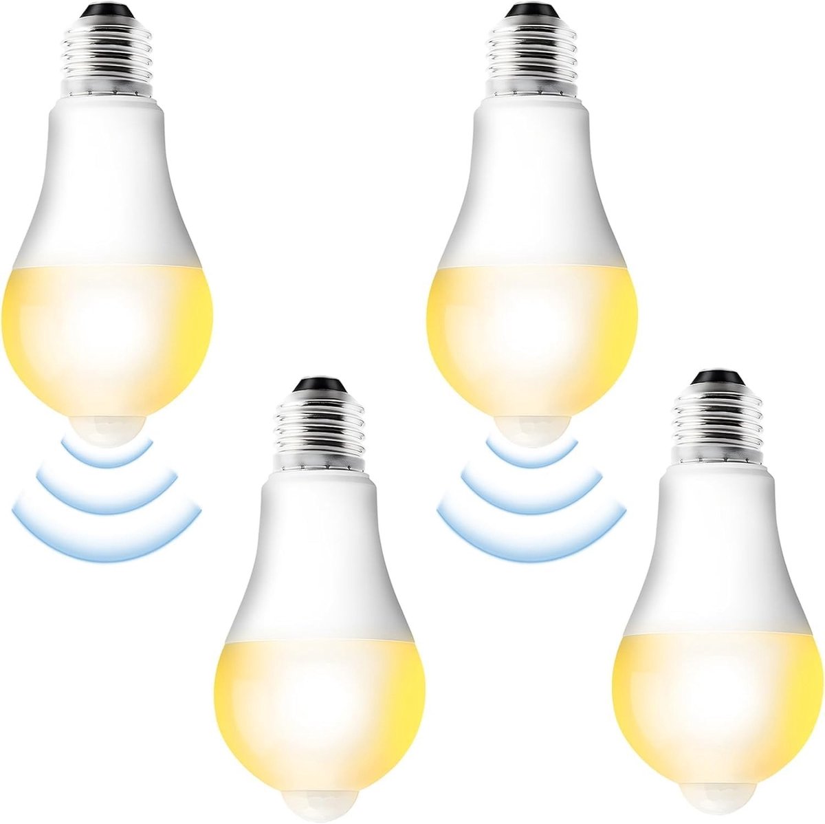 Set van 4 E27 LED Lampen met Bewegingssensor, Energiezuinige 12W Warm Witte Verlichting voor Hal, Garage en Balkon, 3000K Lichtsensor