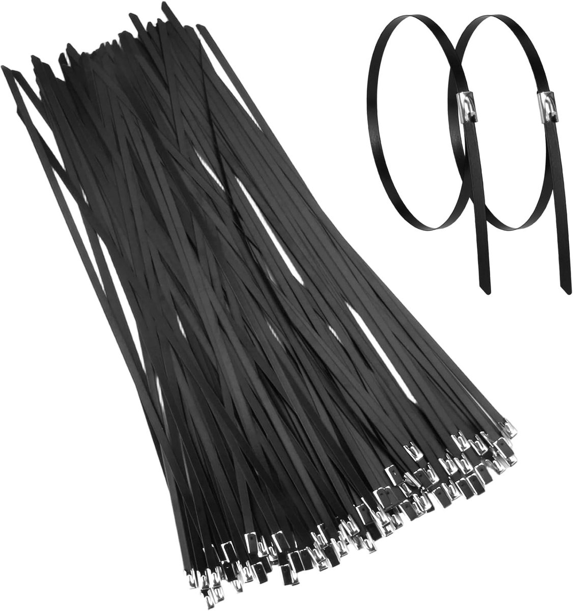 50 Stuks Zwarte Metalen Kabelbinders 300mm x 4.6mm, Sterk en UV-bestendig, Ideaal voor Tent, Hek en Beveiliging