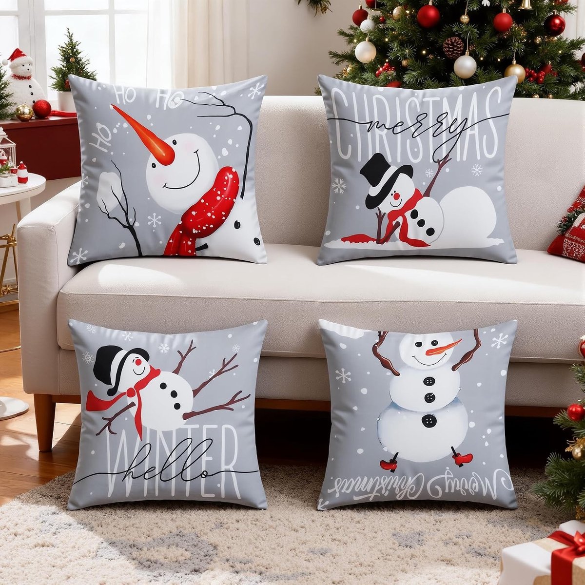 Kerst Kussenhoezen Set van 4, 45 x 45 cm, Zachte Kussens met Winterpatroon voor Woonkamer en Bankdecoratie (Sneeuwman)
