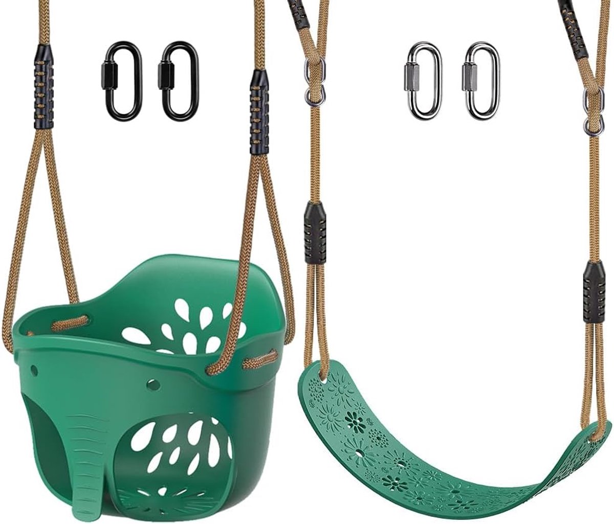 Hoge rug Volledige emmer Peuter Swing en Heavy Duty Swing Seat Combo Pack, Leuke Olifant Speeltuin Swing Set Accessoires Vervanging, Verstelbare Touw, 600lbs Capaciteit, 4 karabijnhaken, Groen