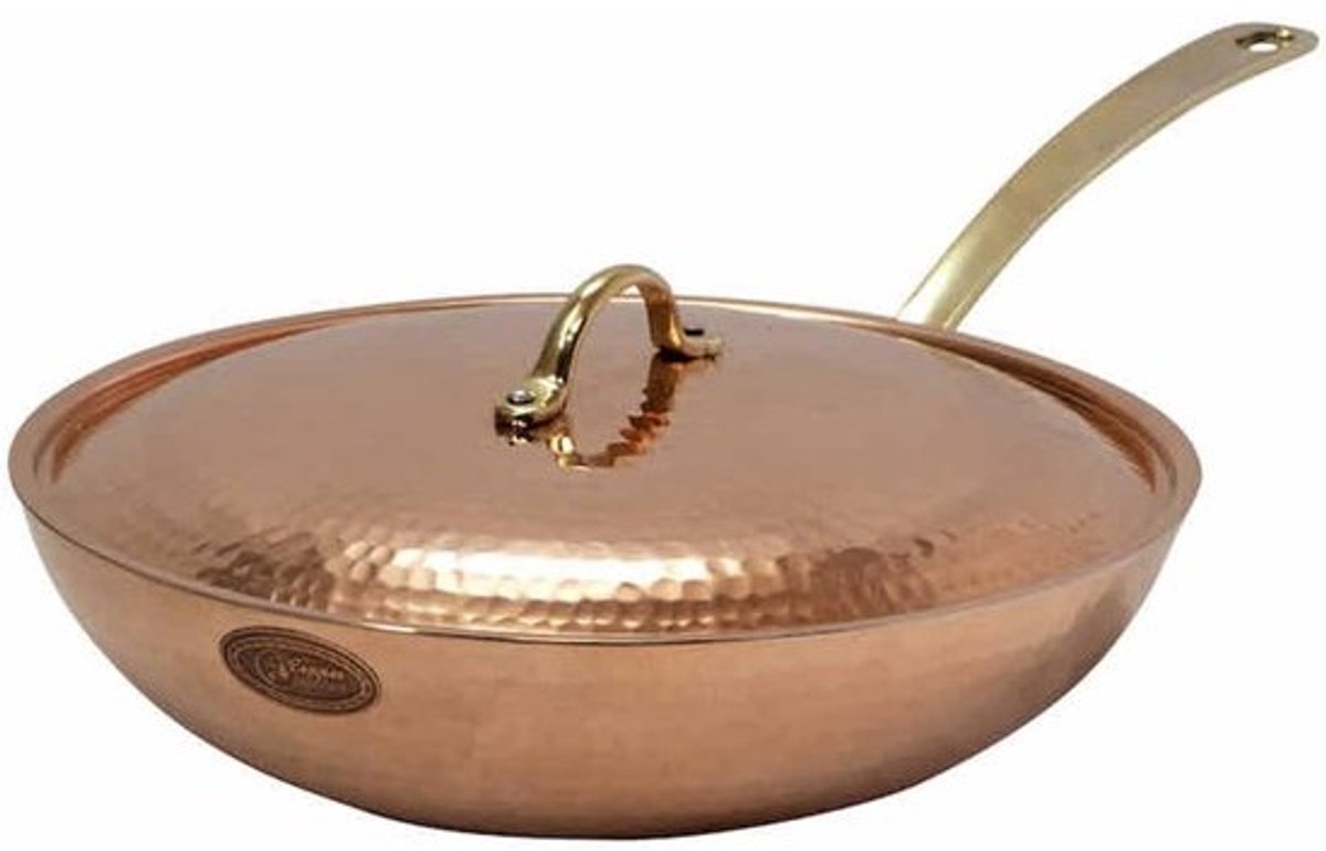 Koperen Wokpan 28 cm met Deksel voor Optimale Warmteverdeling