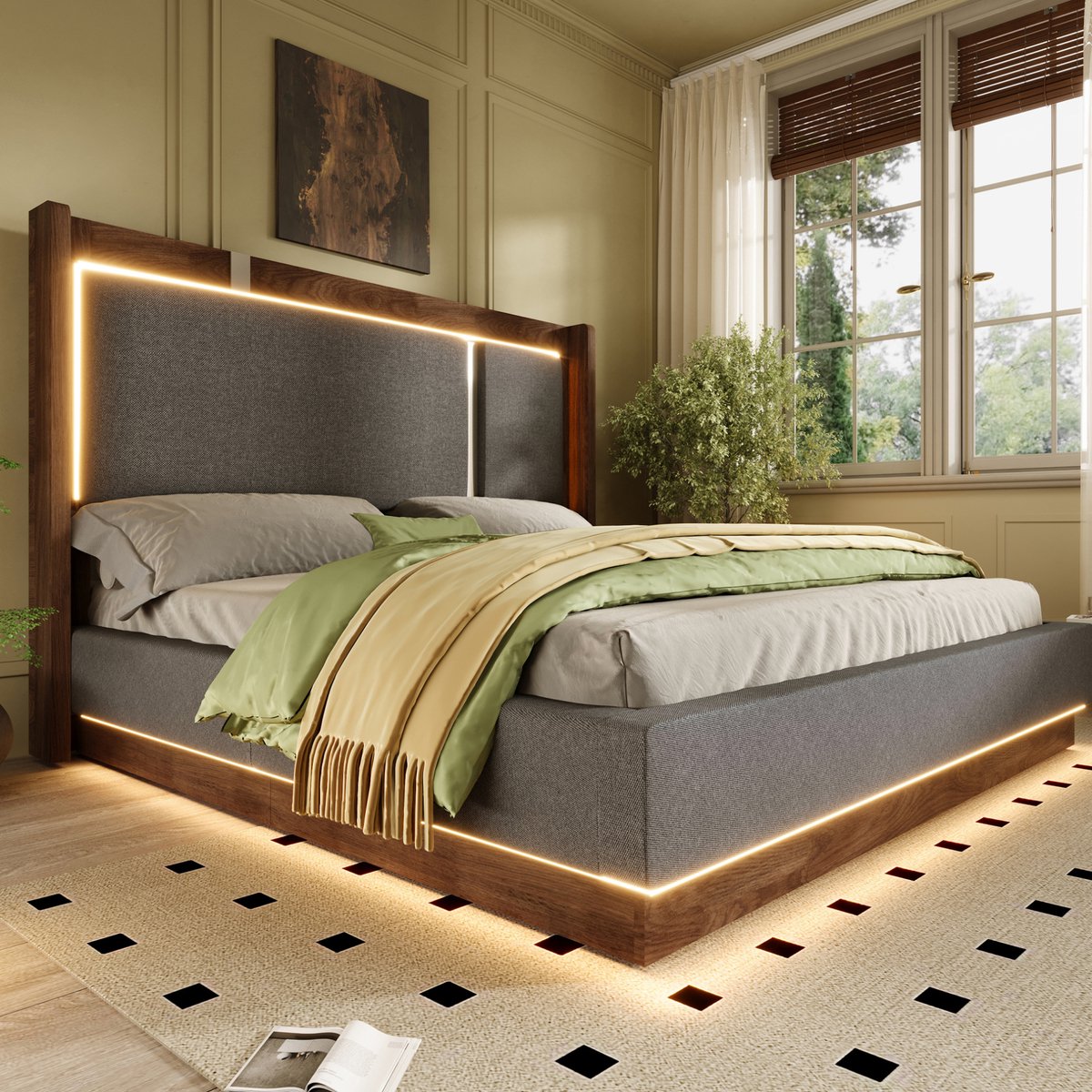 MEUNIQ Tweepersoonsbed 140 x 200 cm met hydraulische opbergruimte, lattenbodem en ledverlichting, grijs-walnoot, slaapkamer