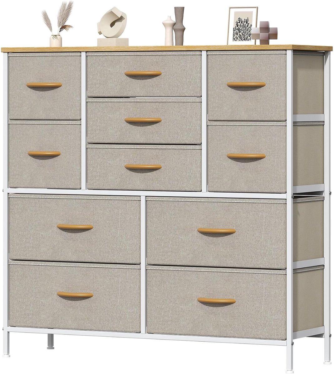 Ladekast met 11 stoffen lades in 3 formaten - Khaki en wit - MDF-blad in houtlook - Voor kleding en textiel - Verstelbare voeten - 100 x 30 x 97 cm