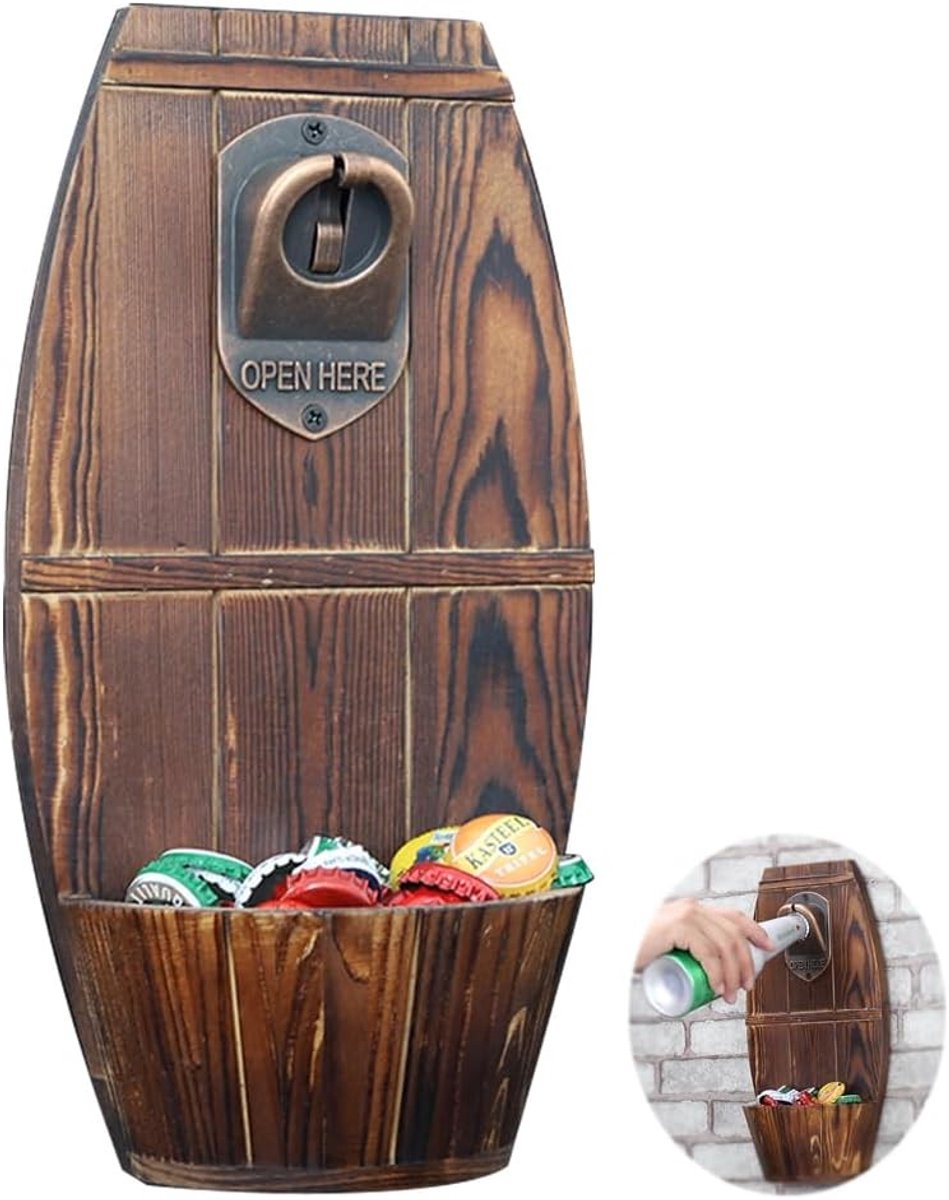 Houten Wandflesopener met Verzameltray en Magnetische Flesopener voor Biercapsules, Leuk Cadeau voor Mannen en Vrienden