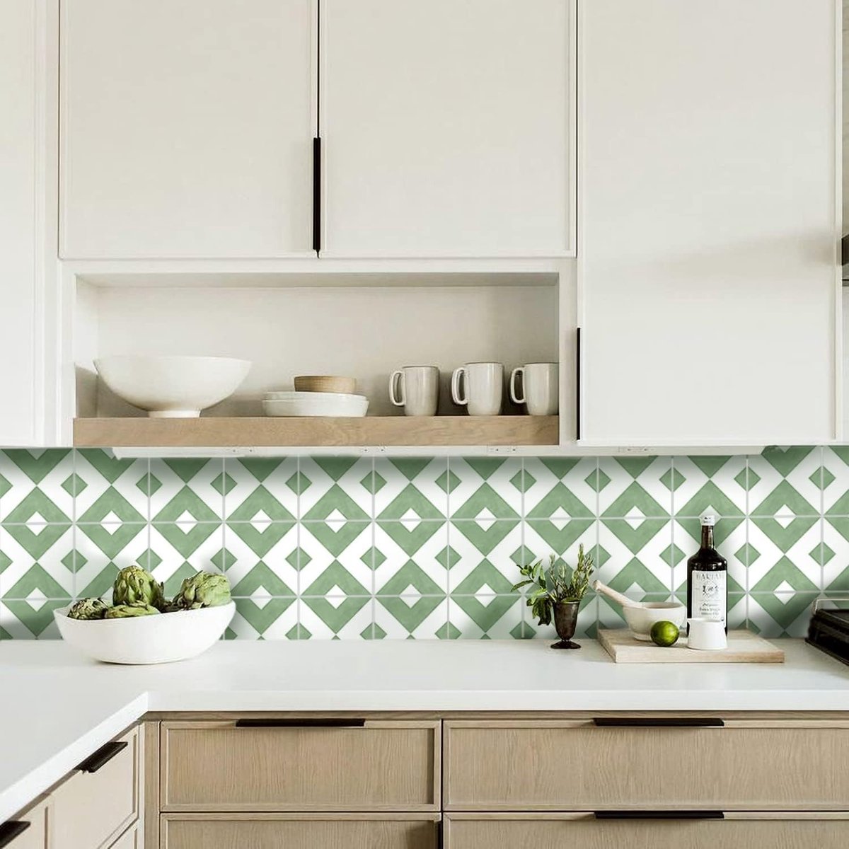 Vinyl Waterdichte Tegel Stickers voor Keuken en Badkamer, Zelfklevende Wanddecoratie, 20 x 20 cm, 10 Stuks, Groene Boho Stijl