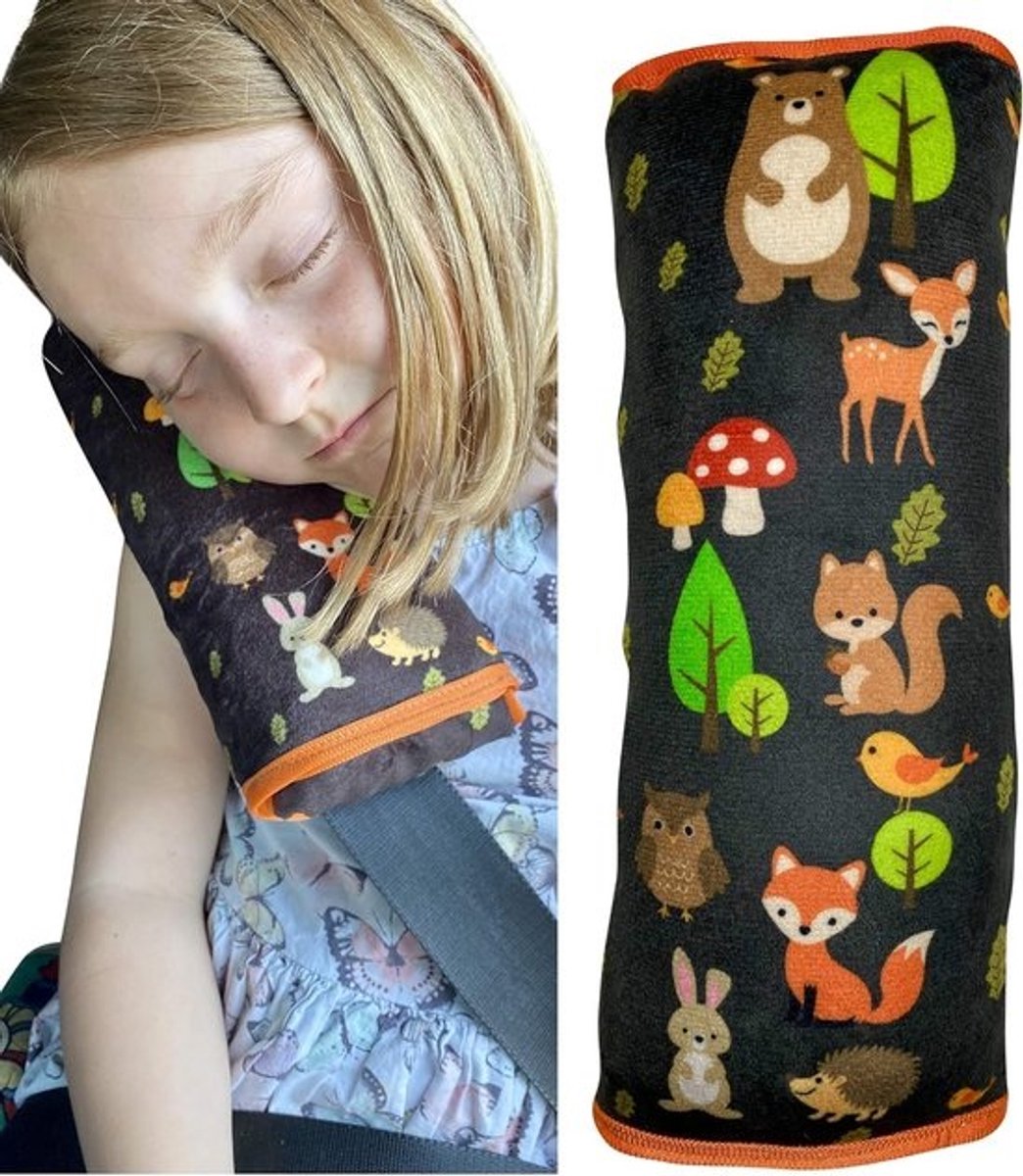 auto slaapkussen voor kinderen - machine wasbaar - zacht autogordelkussen, gordelbeschermer, gordelkussen, autokussen, reiskussen, vakantie - 30x12cm (Bosdieren)