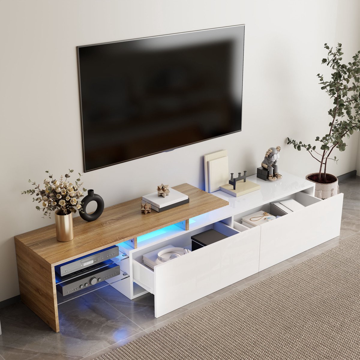MEUNIQ TV-meubel 170 x 33 x 33,5 cm met 2 opbergvakken, glasplanken en 16-kleuren LED-verlichting voor woonkamer, wit hoogglans en houtlook