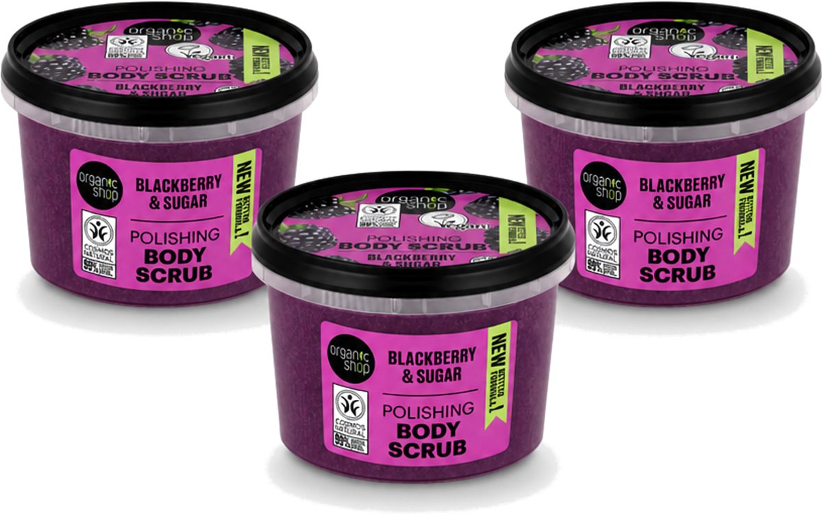 3 x Organic Shop - Body Scrub Blackberry - Verfrissend en Hydraterend - 250 ml - Voordeelverpakking - 3 stuks