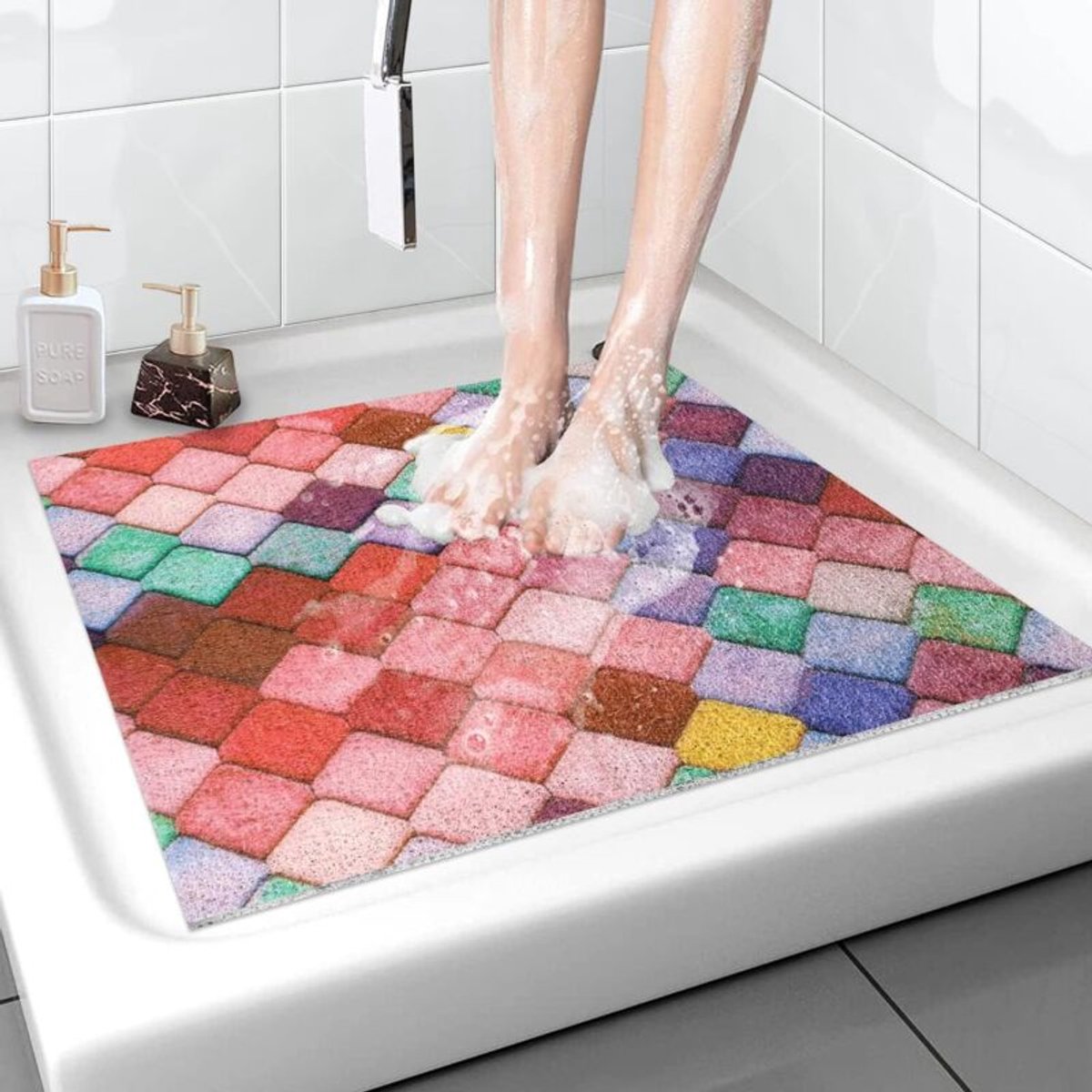 Antislip douchemat, 60x60 cm, zachte, comfortabele en veilige badmat geschikt voor afvoergaatjes, PVC loofah massage douchemat.