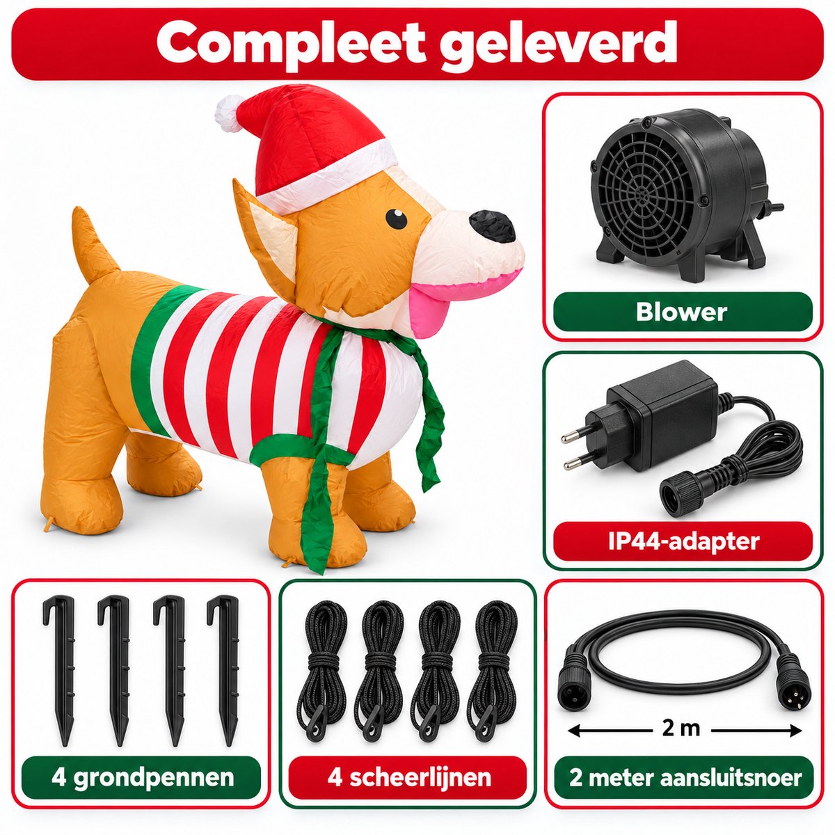 HEM Opblaasbare Kersthond 123 cm met LED Verlichting – Opblaasbaar Kerstfiguur Hond voor Buiten en Binnen – Kerstdecoratie en Kerstversiering voor Tuin – Inclusief Blower en HEM Microvezeldoekje – foto 4