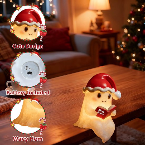 Kerstmis Nachtlampje met Spookbeeldje en Leesboek, Schattige Geest Lamp voor Tafel en Boekenplank, Decoratieve Kerstverlichting voor Huis, Bureau en Kast, Origineel Cadeau voor Kerstliefhebbers — afbeelding 3