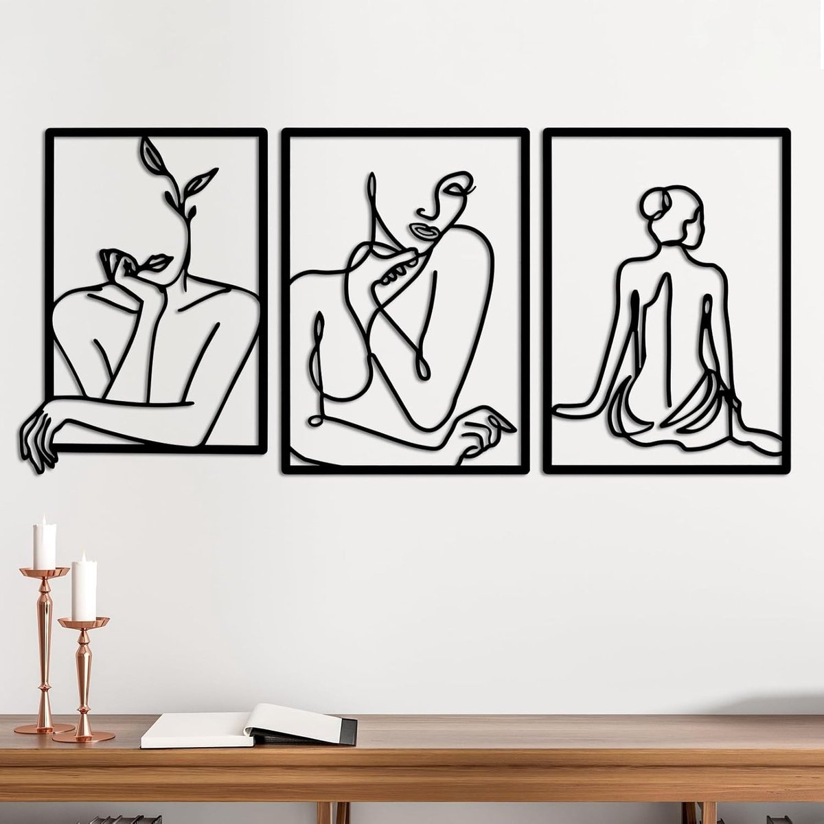 Moderne Zwarte Wanddecoratie van Metaal - Set van 3 Stukken, 35 x 25 cm, Unieke Kunst voor Thuis