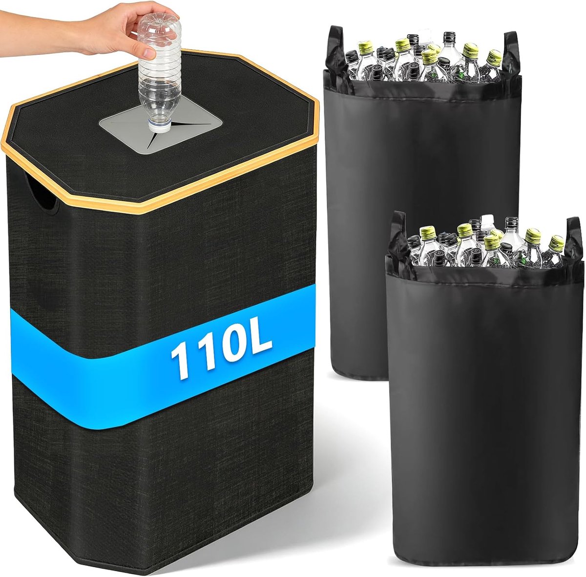 110L Grote Statiegeldflessen Verzamelcontainer met Deksel en 2 Draagtassen, Recycling Container, Flessenverzamelaar Leeggoed, Statiegeldflessen Container voor Keuken Berging Flessentas