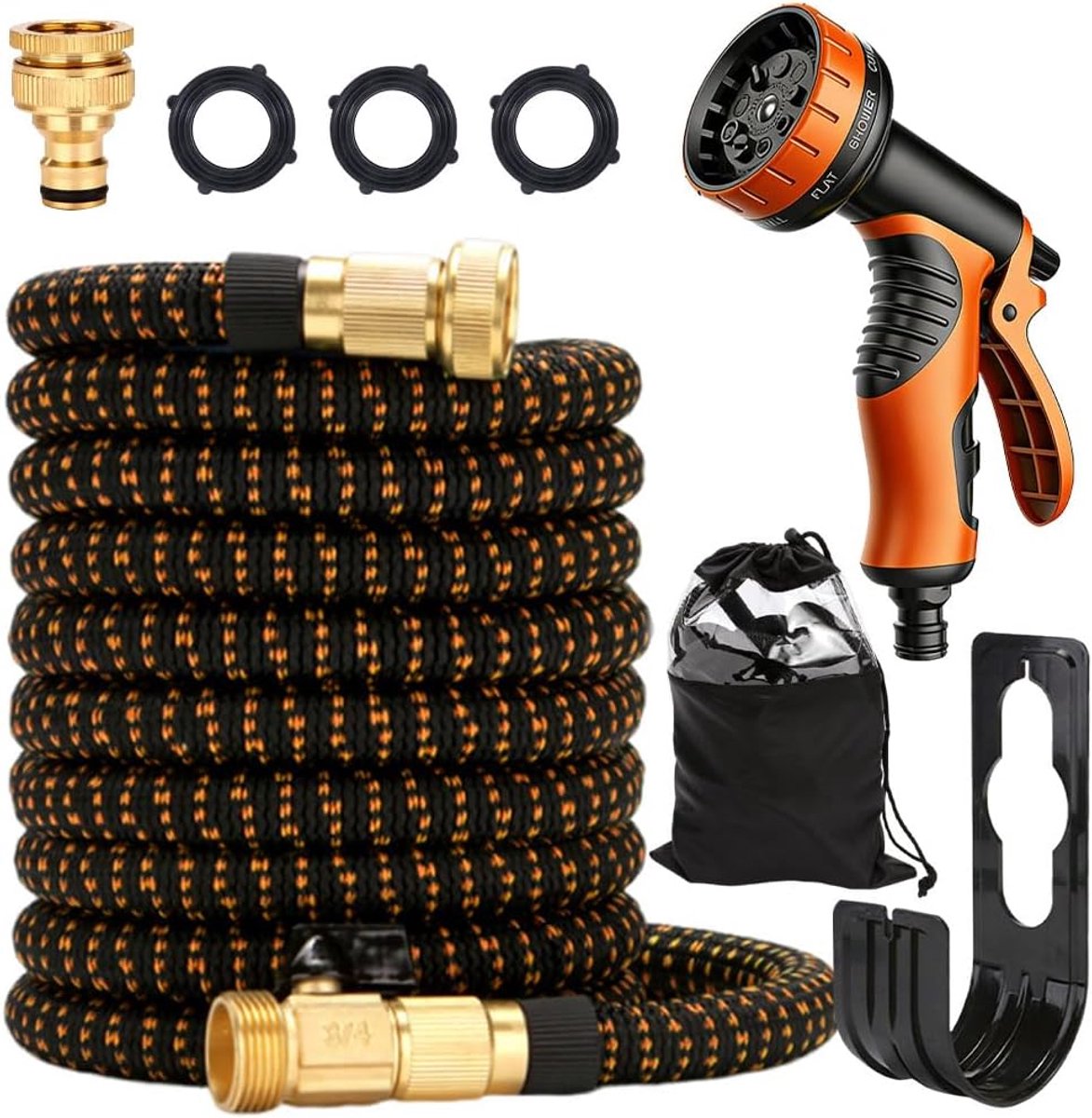 Tuinslang, 15 m, uittrekbare tuinslang met 10 sproeifuncties, uittrekbaar met 3 lagen latex, waterslang met adapter 3/4 en 1/2 inch (3/4 inch) en 1/2 inch (oranje)