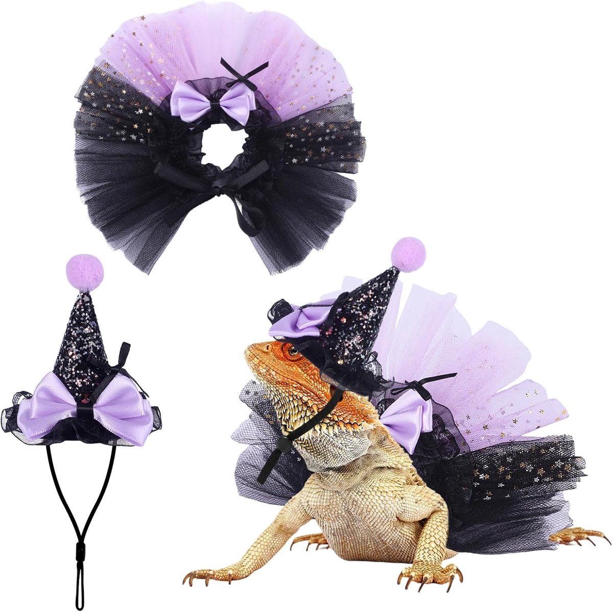2 stuks bebaarde draak heks kostuum set kleine huisdier verstelbare hoed strik tutu rok outfits voor hagedissen cavia's konijn fretten voor vieringen Halloween feesten (glitter paars)