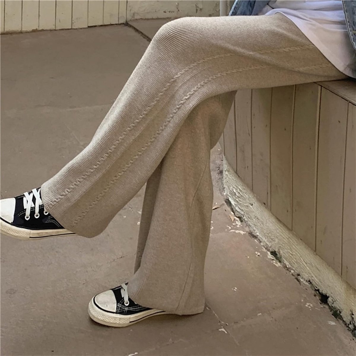 Gebreide Broek Met Rechte Pijpen - Herfst En Winter Dames Wijde Pijpen Broek Modieus Warm Hoge Taille Losjes Kaki Dikke Dweilbroek Casual Elegant Kerst Nieuwjaar Cadeau,Khaki,One Size