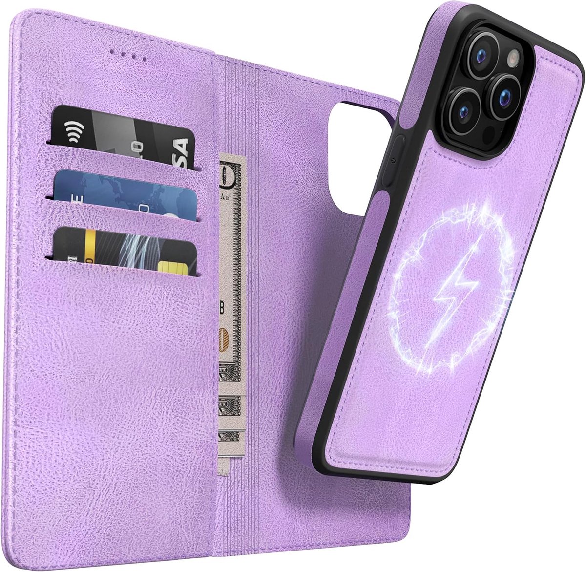 IPhone 15 Pro hoes, 2-in-1, magnetisch, afneembaar, draadloos opladen, schokbestendig, beschermhoes, leren hoes, klaphoes, telefoonhoes voor iPhone 15 Pro, paars